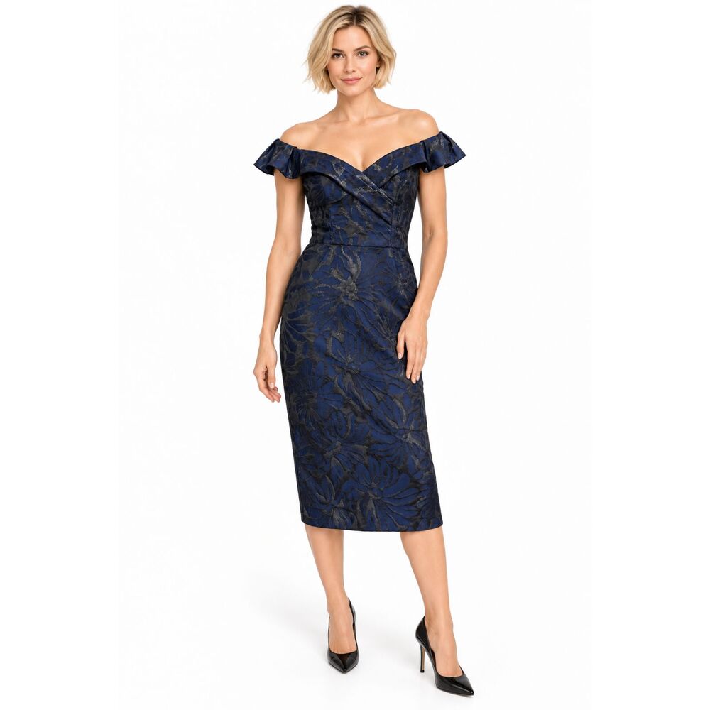 Zac Posen Navy Metallic Floral Jacquard Off-The-Shoulder Midi Cocktail Dress 2